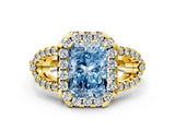 Yellow gold Fancy Blue Radiant Cut Cut Diamond Halo Engagement Ring with Open Split Pavé Band