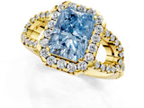 Yellow gold Fancy Blue Radiant Cut Cut Diamond Halo Engagement Ring with Open Split Pavé Band_1