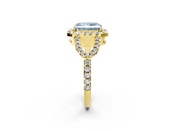 Yellow Gold Radiant Cut Split Shank Pave Halo Engagement Ring Setting for Fancy Blue Center
