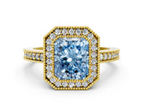 Yellow gold Fancy Blue Radiant Cut-Cut Diamond Halo Engagement Ring with Pave Band and Prong Setting