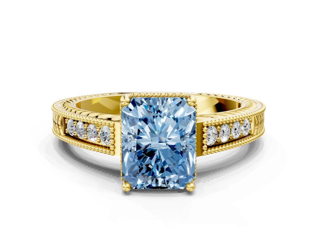 Yellow gold Fancy Blue Radiant Cut Cut Diamond Milgrain Pave Band Four-Prong Setting Ring_3