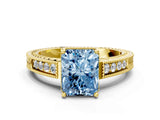 Yellow gold Fancy Blue Radiant Cut Cut Diamond Milgrain Pave Band Four-Prong Setting Ring_3