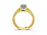 Yellow gold Fancy Blue Radiant Cut Cut Diamond Milgrain Pave Band Four-Prong Setting Ring_6