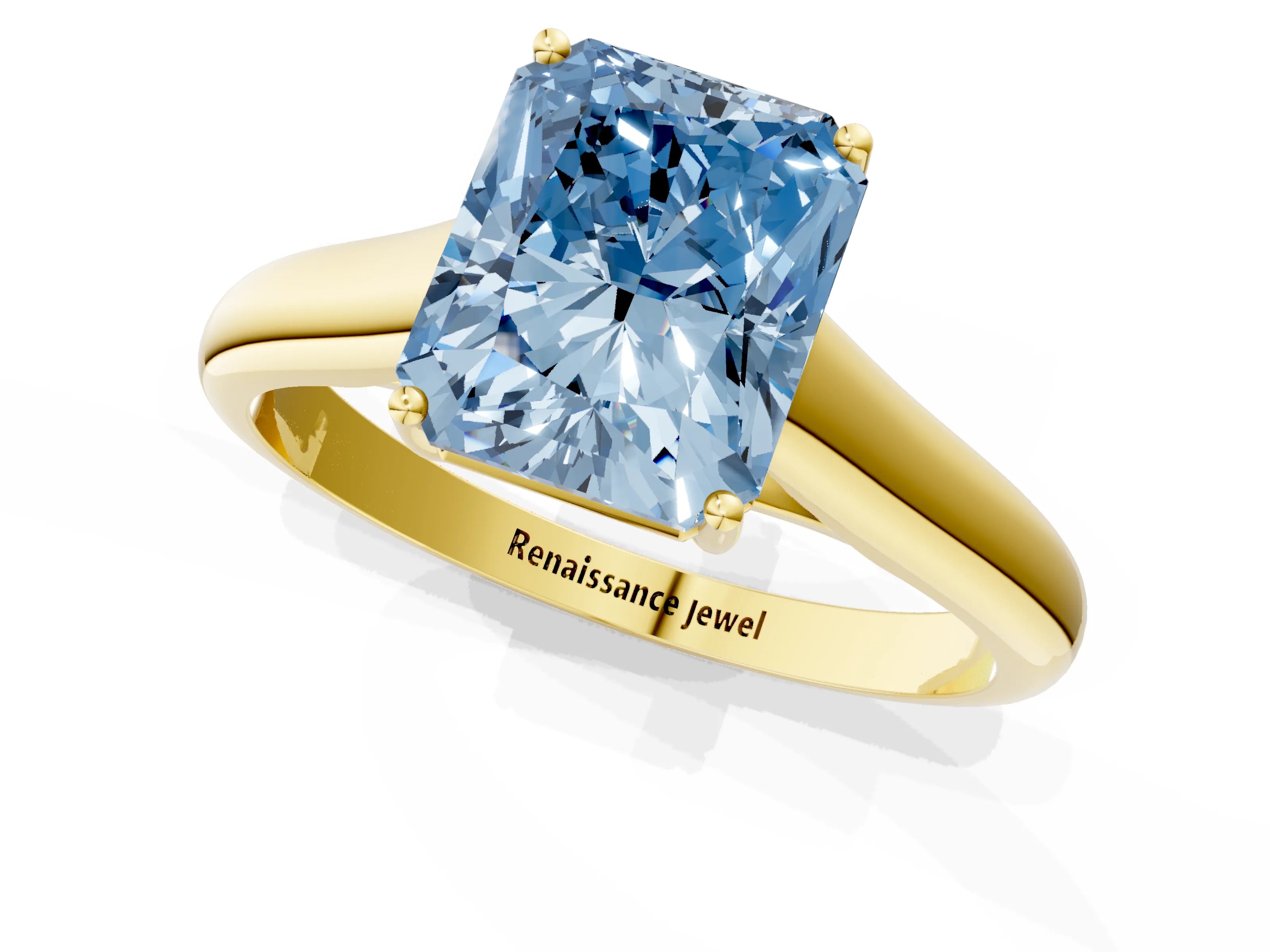 Yellow gold Fancy Blue Radiant Cut Cut Diamond Solitaire Engagement Ring with Tapered Plain Band and Four-Prong Setting_1