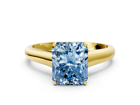 Yellow gold Fancy Blue Radiant Cut Cut Diamond Solitaire Engagement Ring with Tapered Plain Band and Four-Prong Setting