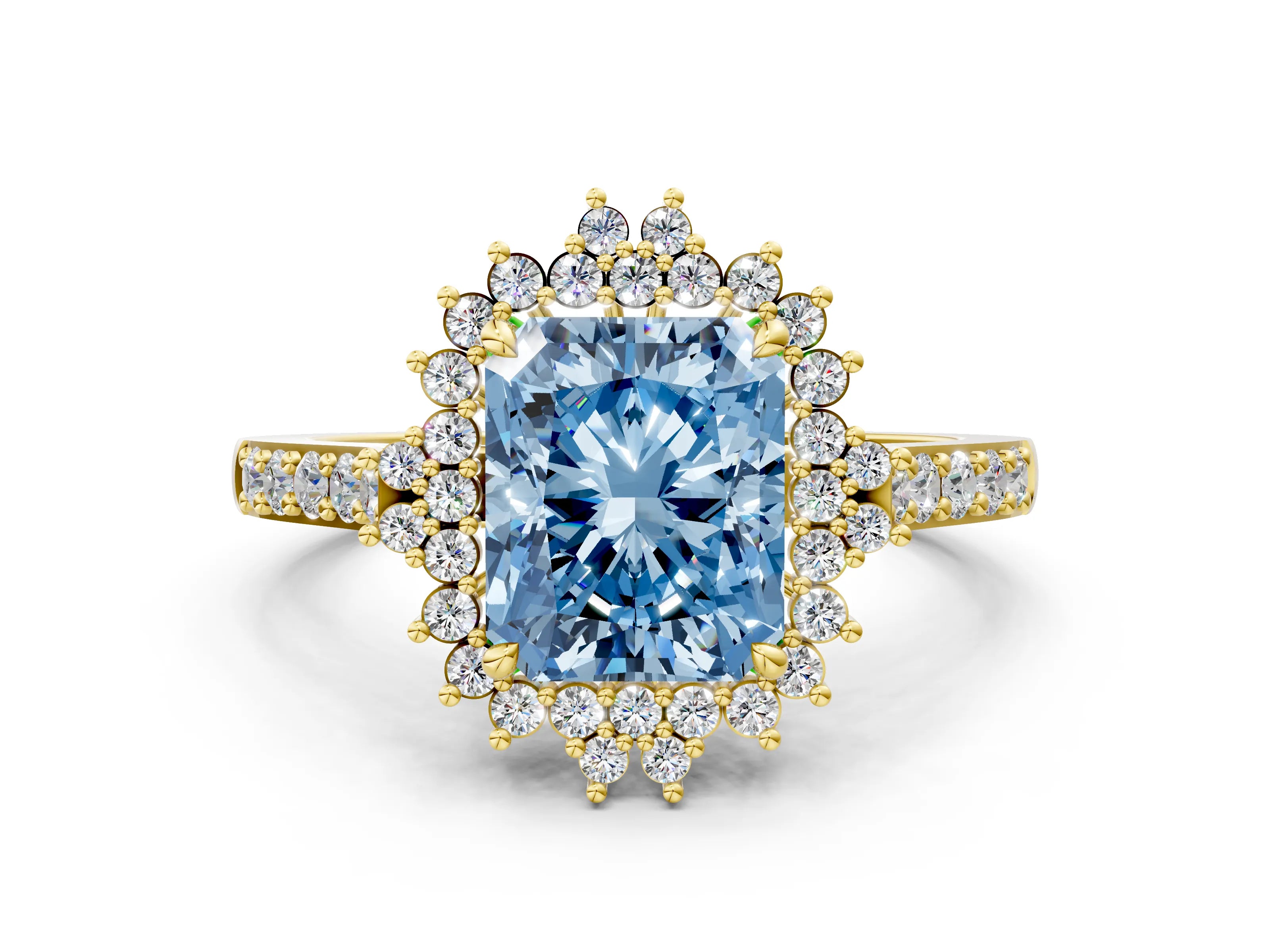 Yellow gold Fancy Blue Radiant Cut Cut Diamond Sunburst Halo Engagement Ring with Pavé Band