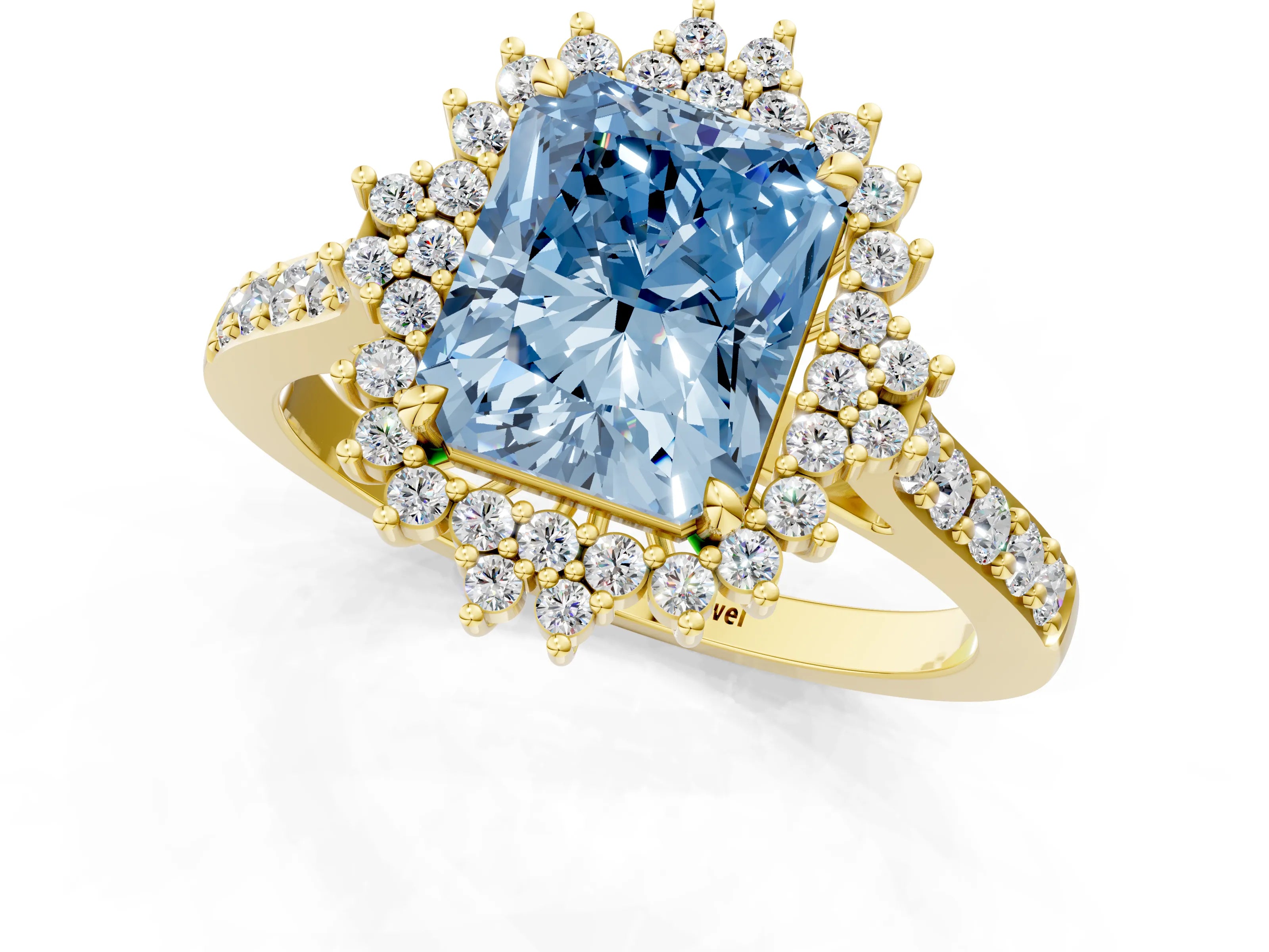 Yellow gold Fancy Blue Radiant Cut Cut Diamond Sunburst Halo Engagement Ring with Pavé Band_1