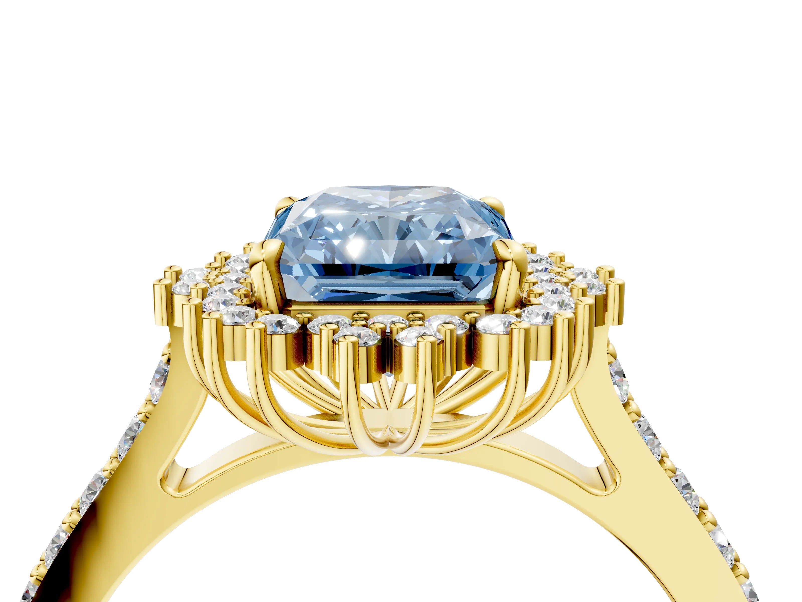 Yellow gold Fancy Blue Radiant Cut Cut Diamond Sunburst Halo Engagement Ring with Pavé Band_4
