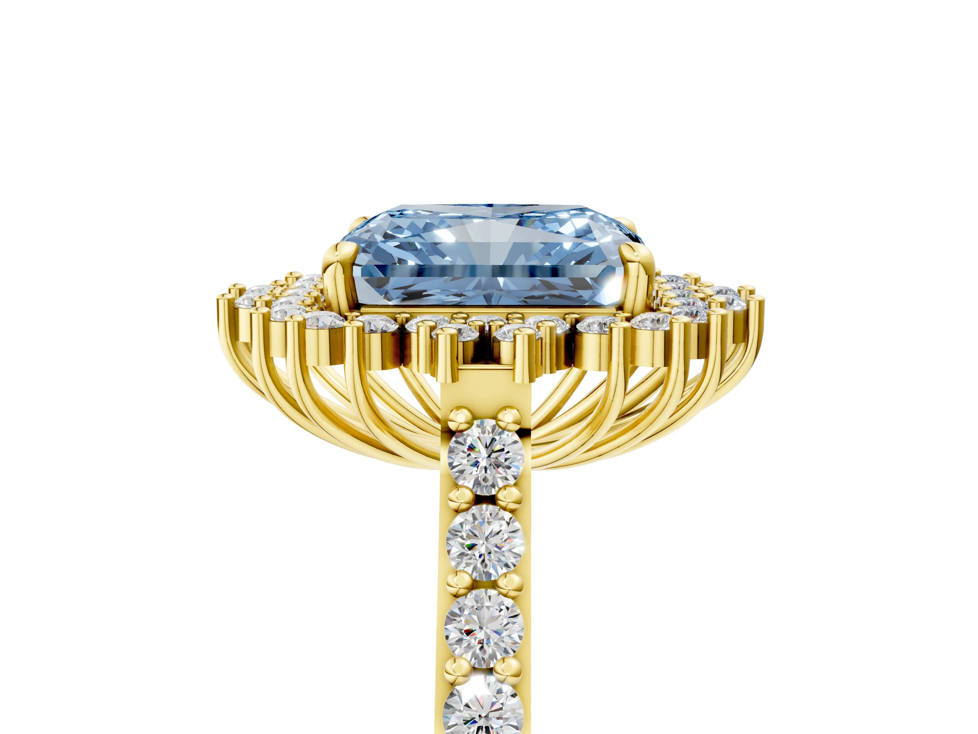 Yellow gold Fancy Blue Radiant Cut Cut Diamond Sunburst Halo Engagement Ring with Pavé Band_5
