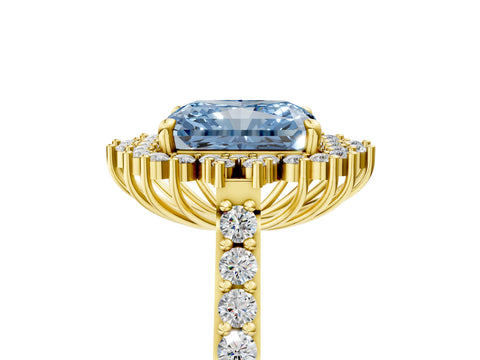 Yellow gold Fancy Blue Radiant Cut Cut Diamond Sunburst Halo Engagement Ring with Pavé Band_5