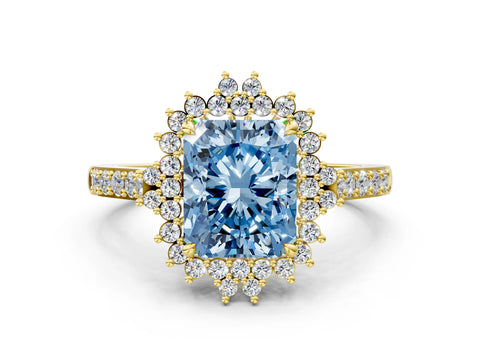 Yellow gold Fancy Blue Radiant Cut Cut Diamond Sunburst Halo Engagement Ring with Pavé Band