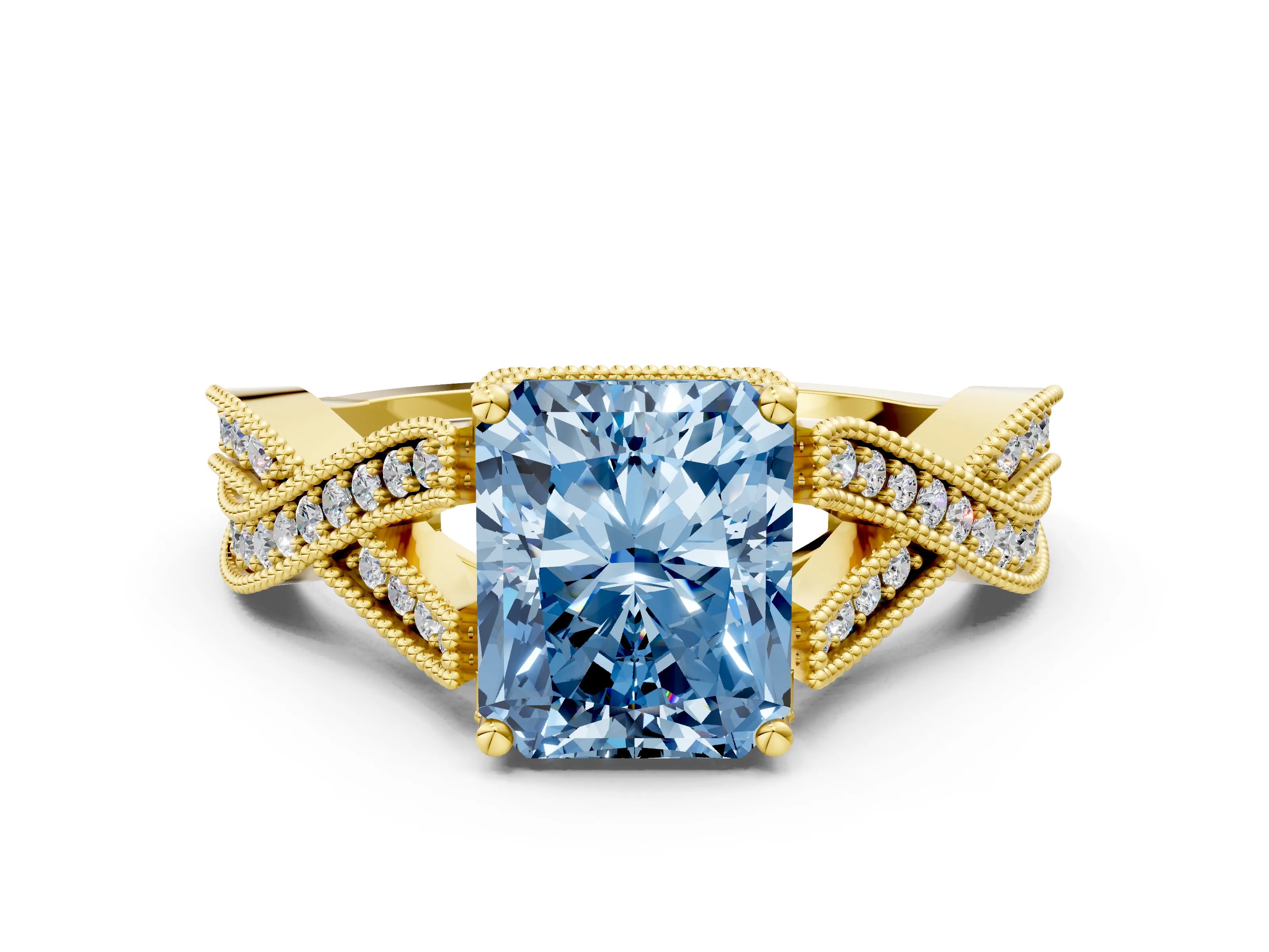 Yellow gold Fancy Blue Radiant Cut Cut Diamond Twisted Band with Milgrain Pave Setting and Four-Prong Setting