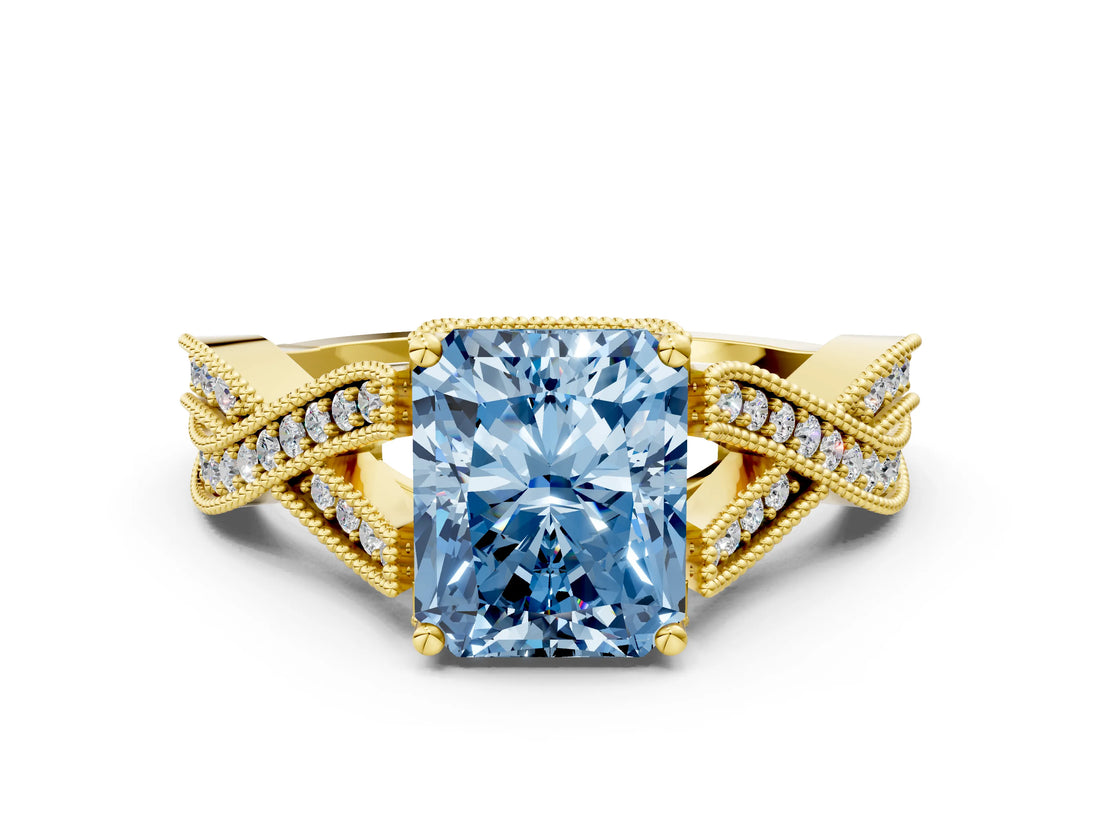 Yellow gold Fancy Blue Radiant Cut Cut Diamond Twisted Band with Milgrain Pave Setting and Four-Prong Setting