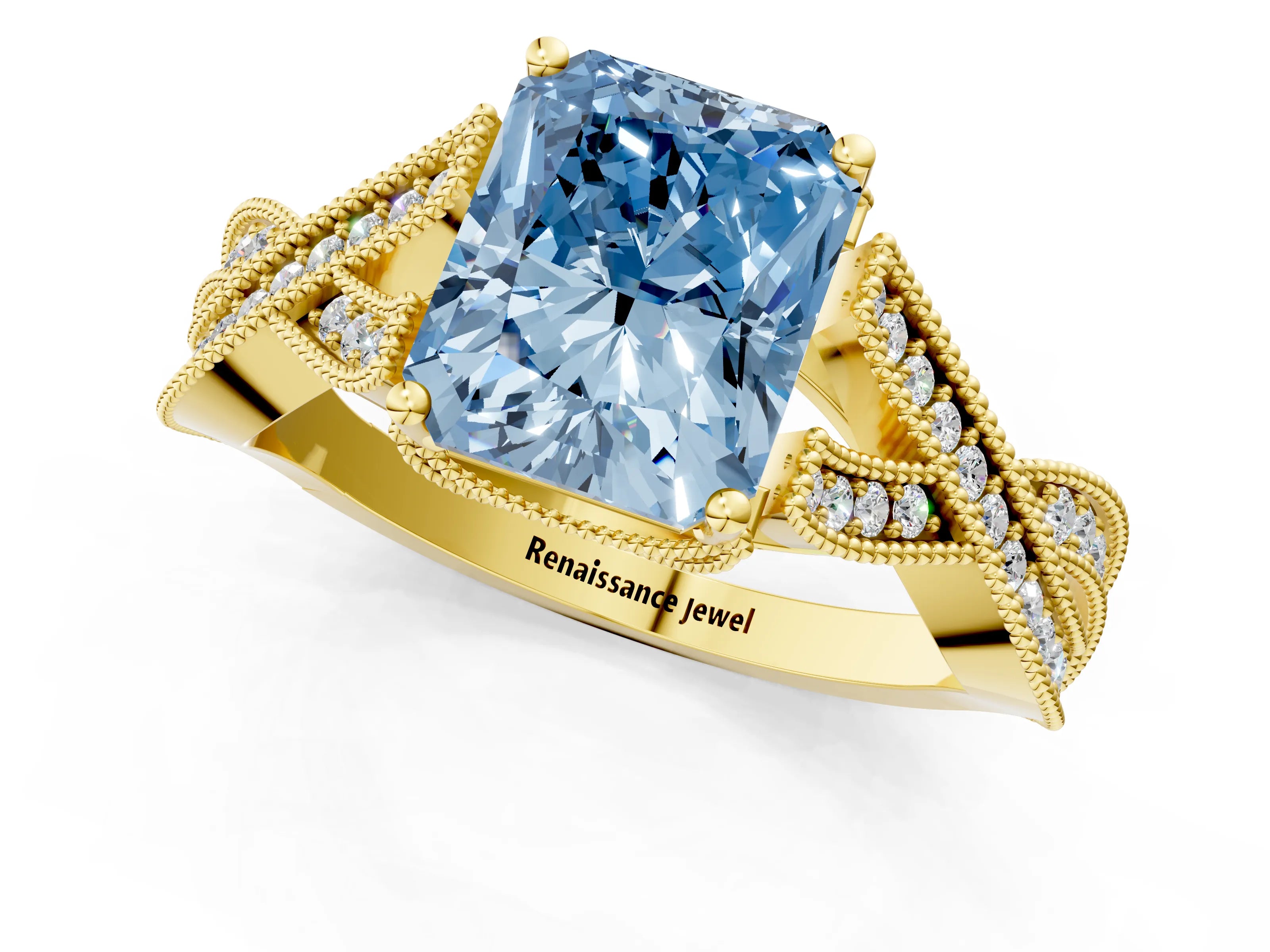 Yellow gold Fancy Blue Radiant Cut Cut Diamond Twisted Band with Milgrain Pave Setting and Four-Prong Setting_1