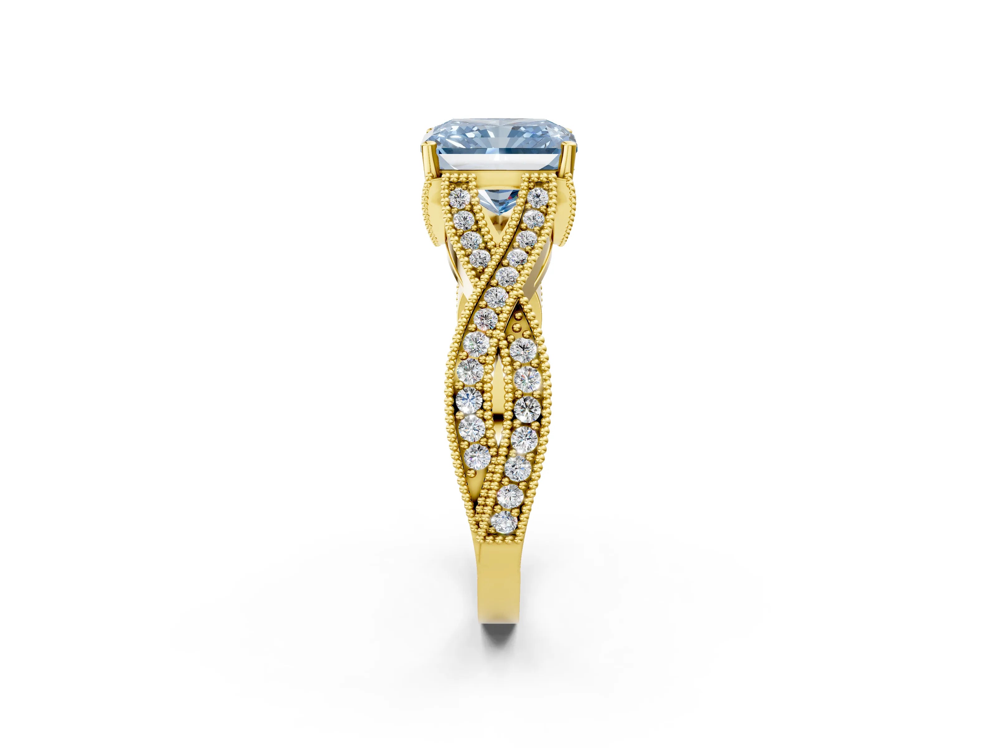 Yellow gold Fancy Blue Radiant Cut Cut Diamond Twisted Band with Milgrain Pave Setting and Four-Prong Setting_2