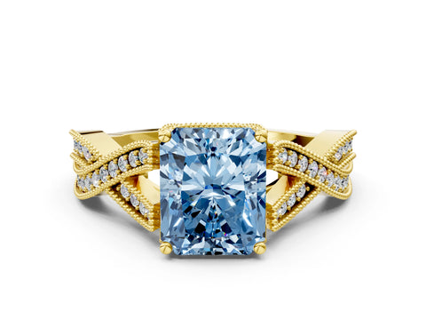 Yellow gold Fancy Blue Radiant Cut Cut Diamond Twisted Band with Milgrain Pave Setting and Four-Prong Setting