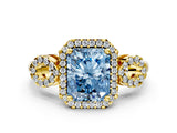 Yellow gold Fancy Blue Radiant Cut Cut Halo Diamond Infinity Band with Four-Prong Setting