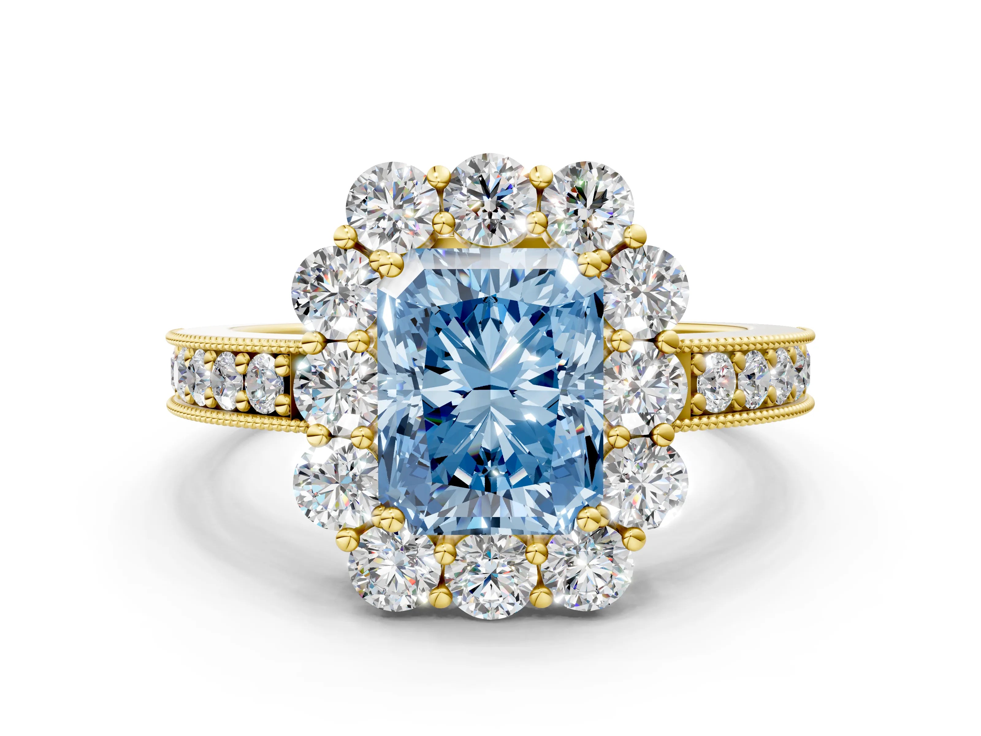Yellow gold Fancy Blue Radiant Cut Cut Halo Diamond Pavé Engagement Ring with Milgrain Detailing