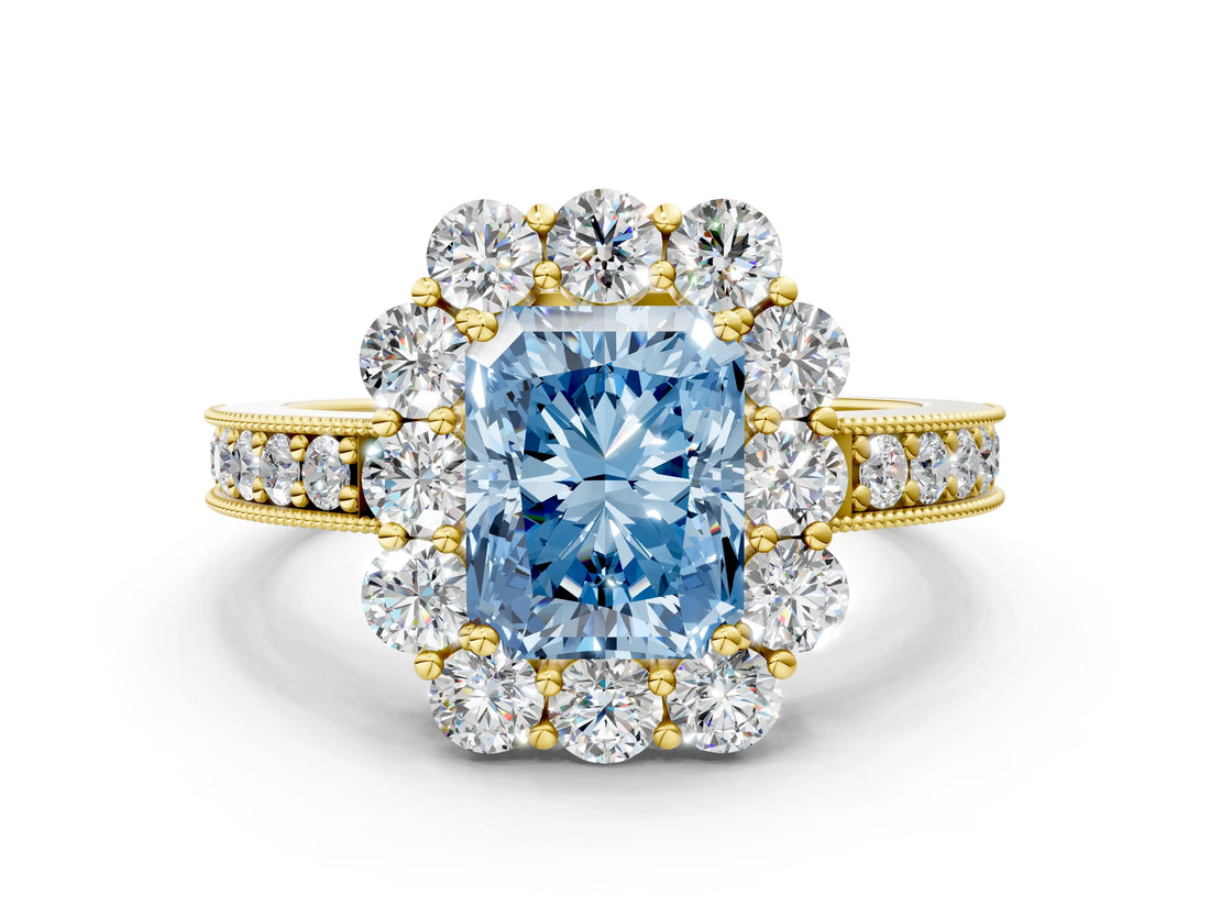 Yellow gold Fancy Blue Radiant Cut Cut Halo Diamond Pavé Engagement Ring with Milgrain Detailing
