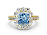 Yellow gold Fancy Blue Radiant Cut Cut Halo Diamond Pavé Engagement Ring with Milgrain Detailing
