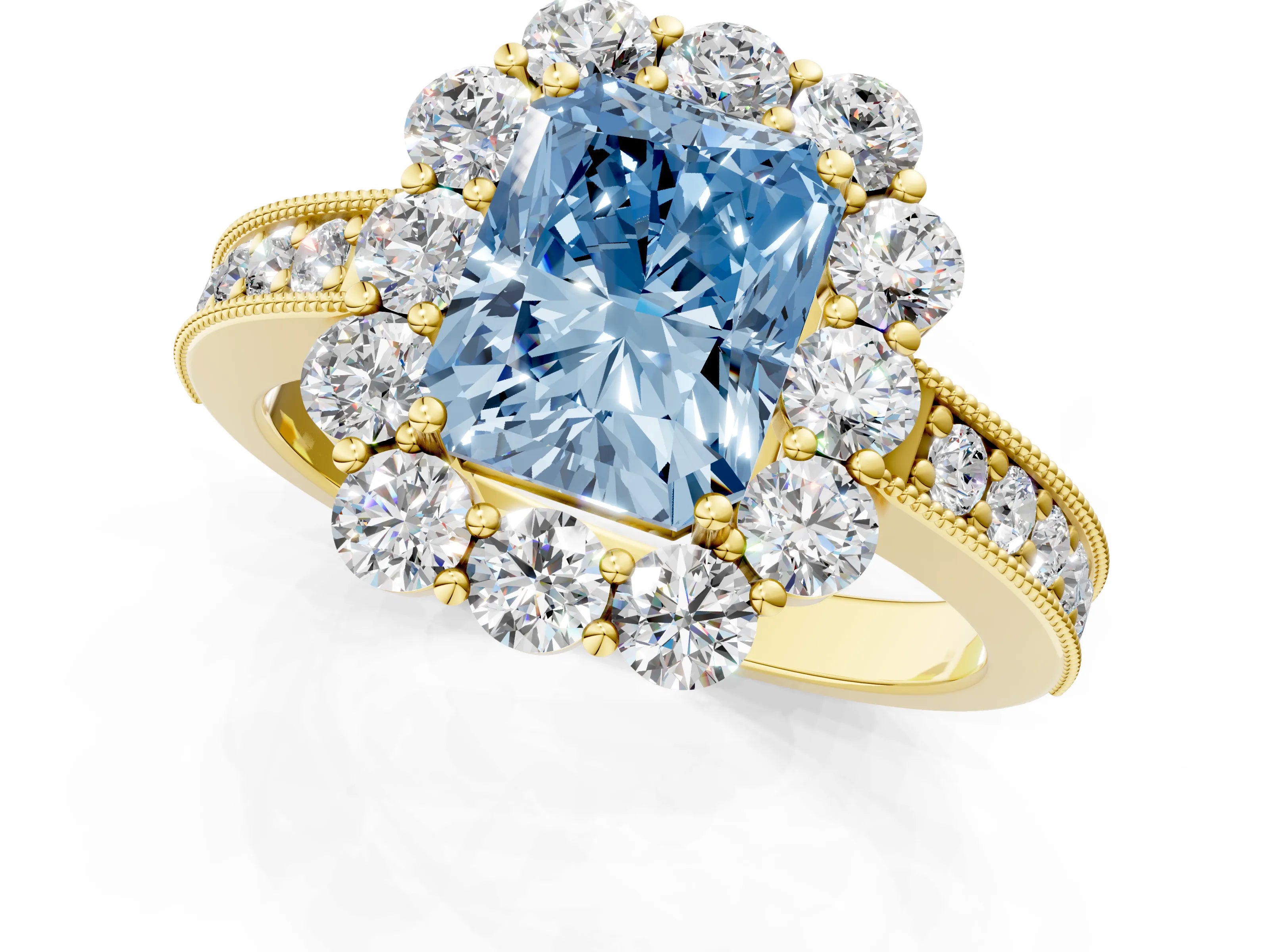 Yellow gold Fancy Blue Radiant Cut Cut Halo Diamond Pavé Engagement Ring with Milgrain Detailing_1