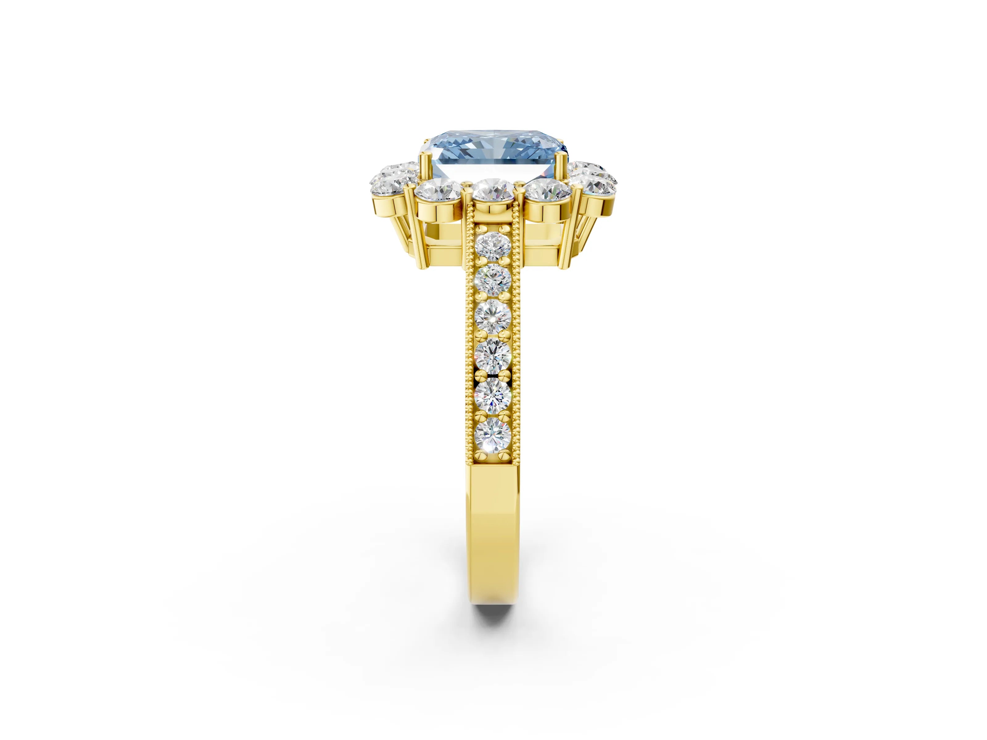 Yellow gold Fancy Blue Radiant Cut Cut Halo Diamond Pavé Engagement Ring with Milgrain Detailing_2