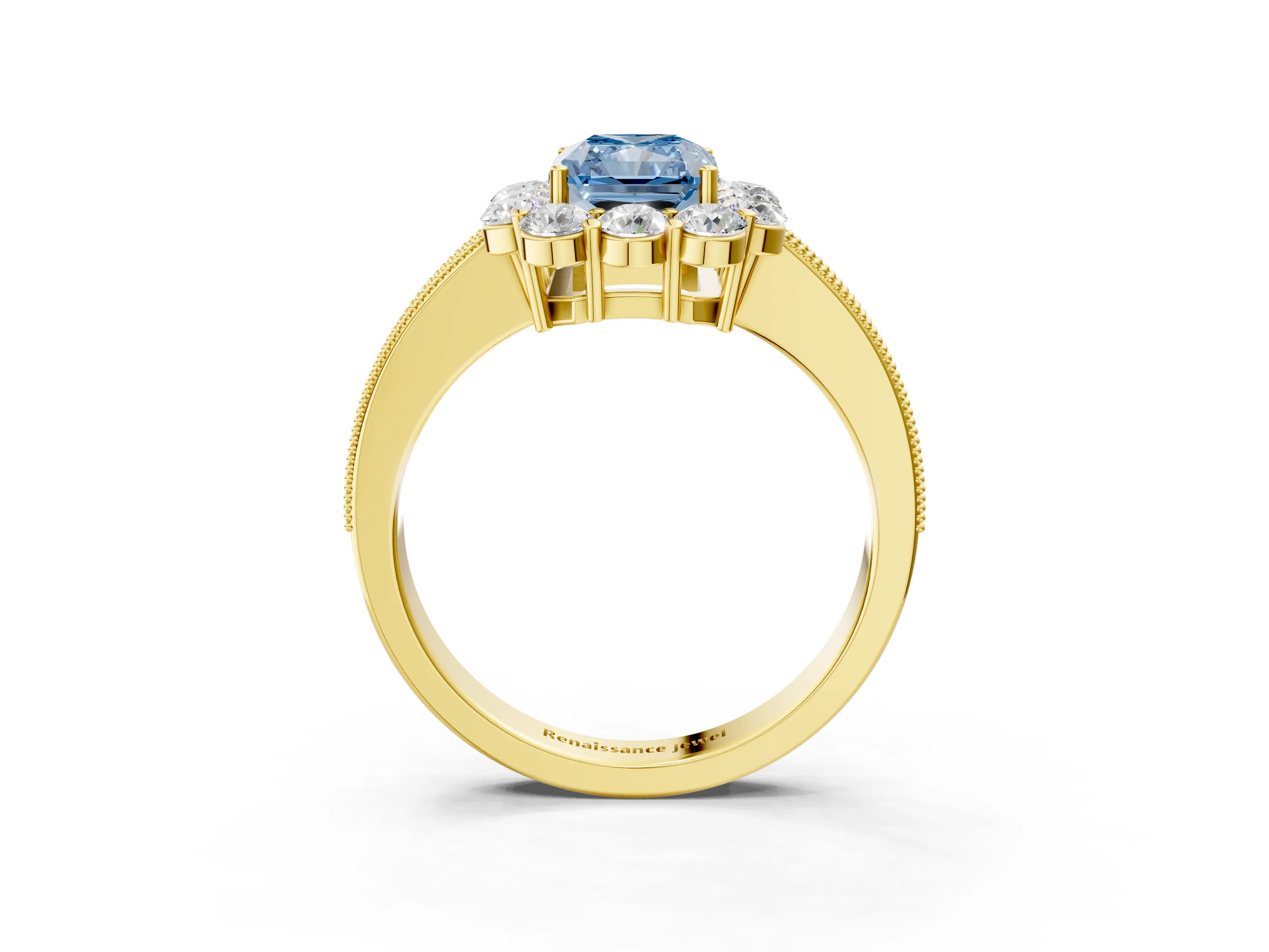 Yellow gold Fancy Blue Radiant Cut Cut Halo Diamond Pavé Engagement Ring with Milgrain Detailing_3