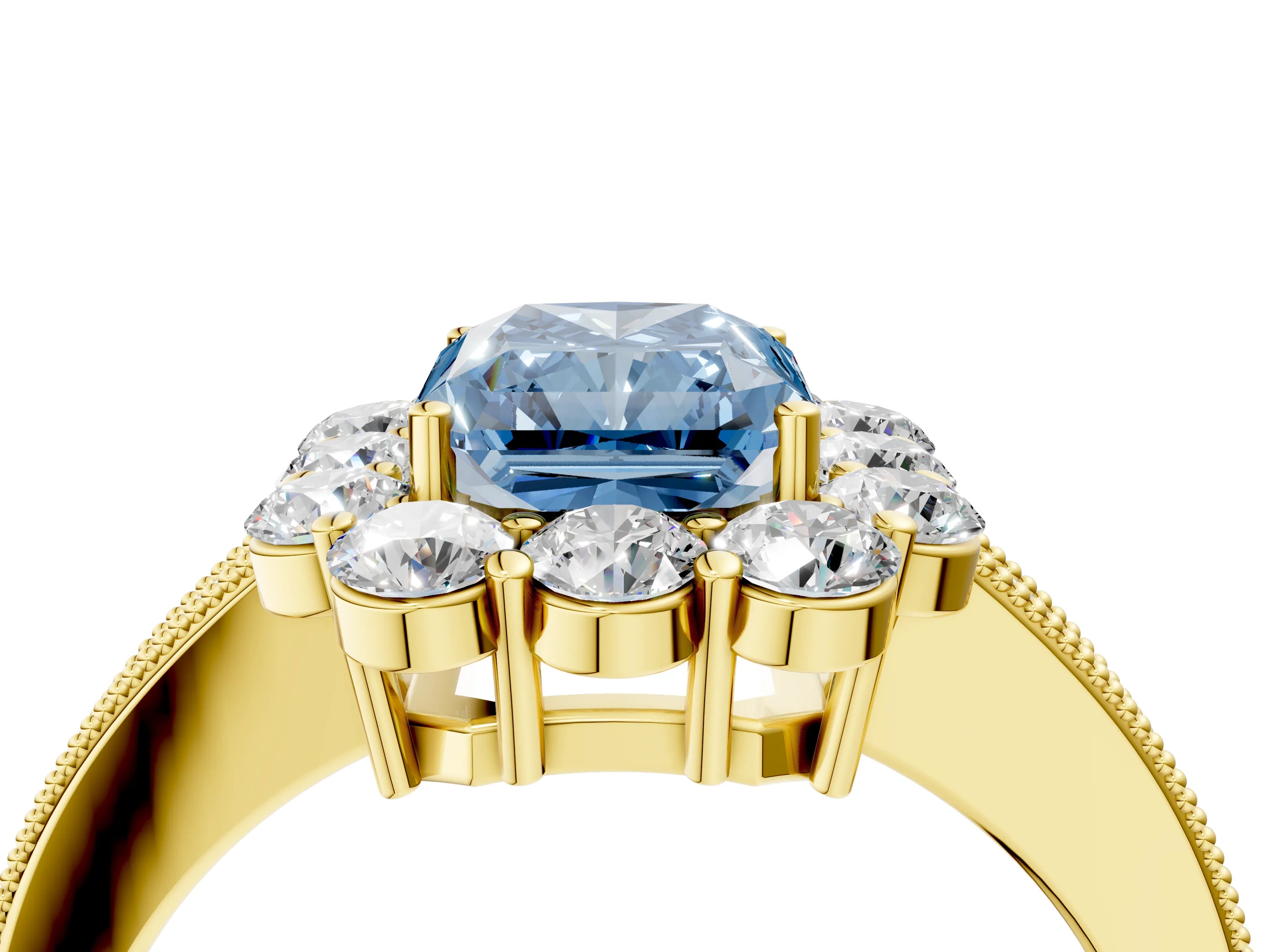 Yellow gold Fancy Blue Radiant Cut Cut Halo Diamond Pavé Engagement Ring with Milgrain Detailing_4