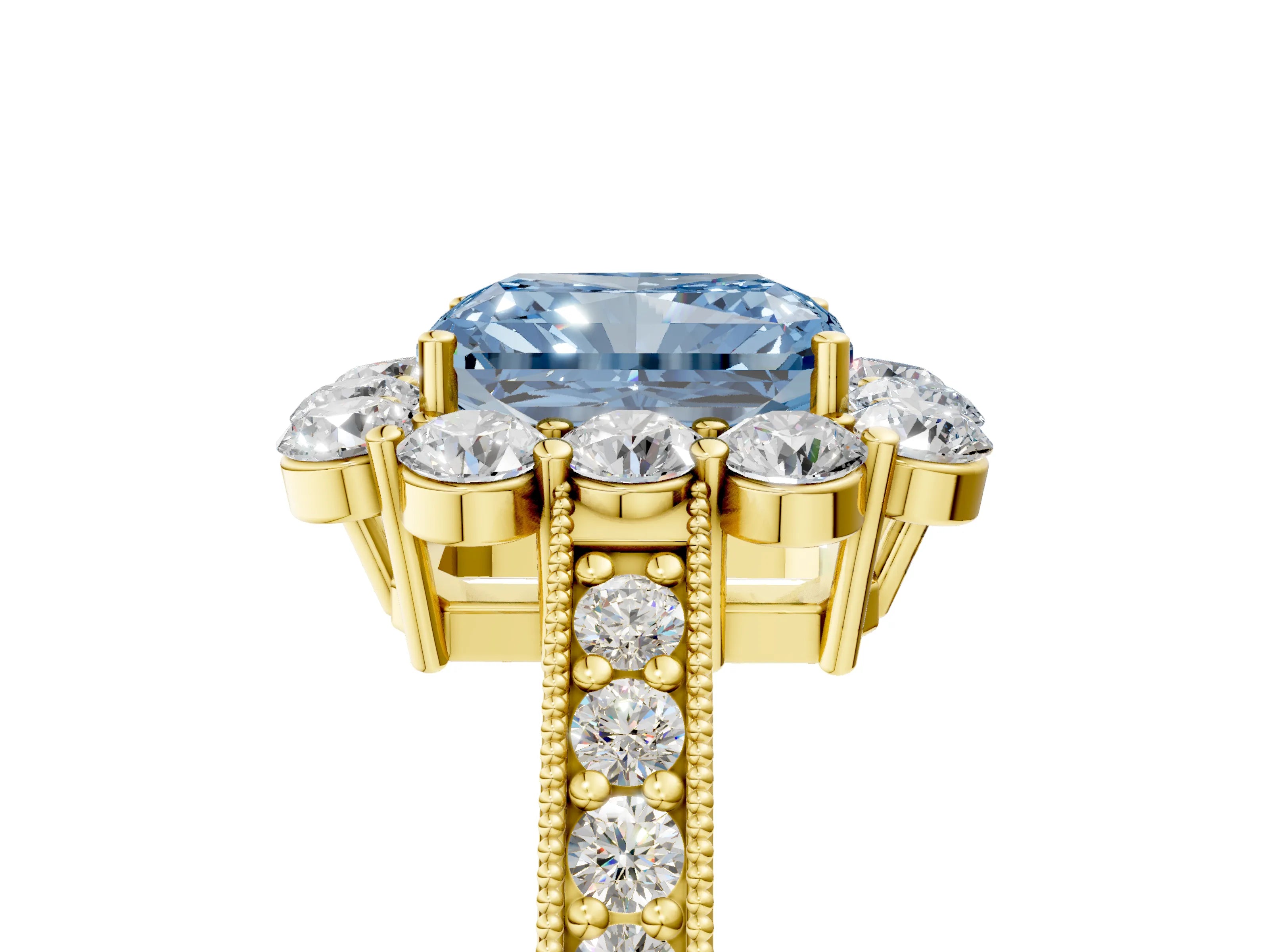 Yellow gold Fancy Blue Radiant Cut Cut Halo Diamond Pavé Engagement Ring with Milgrain Detailing_5