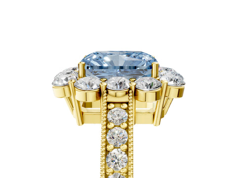 Yellow gold Fancy Blue Radiant Cut Cut Halo Diamond Pavé Engagement Ring with Milgrain Detailing_5