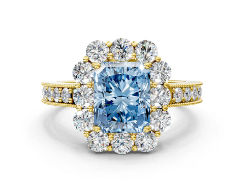 Yellow gold Fancy Blue Radiant Cut Cut Halo Diamond Pavé Engagement Ring with Milgrain Detailing