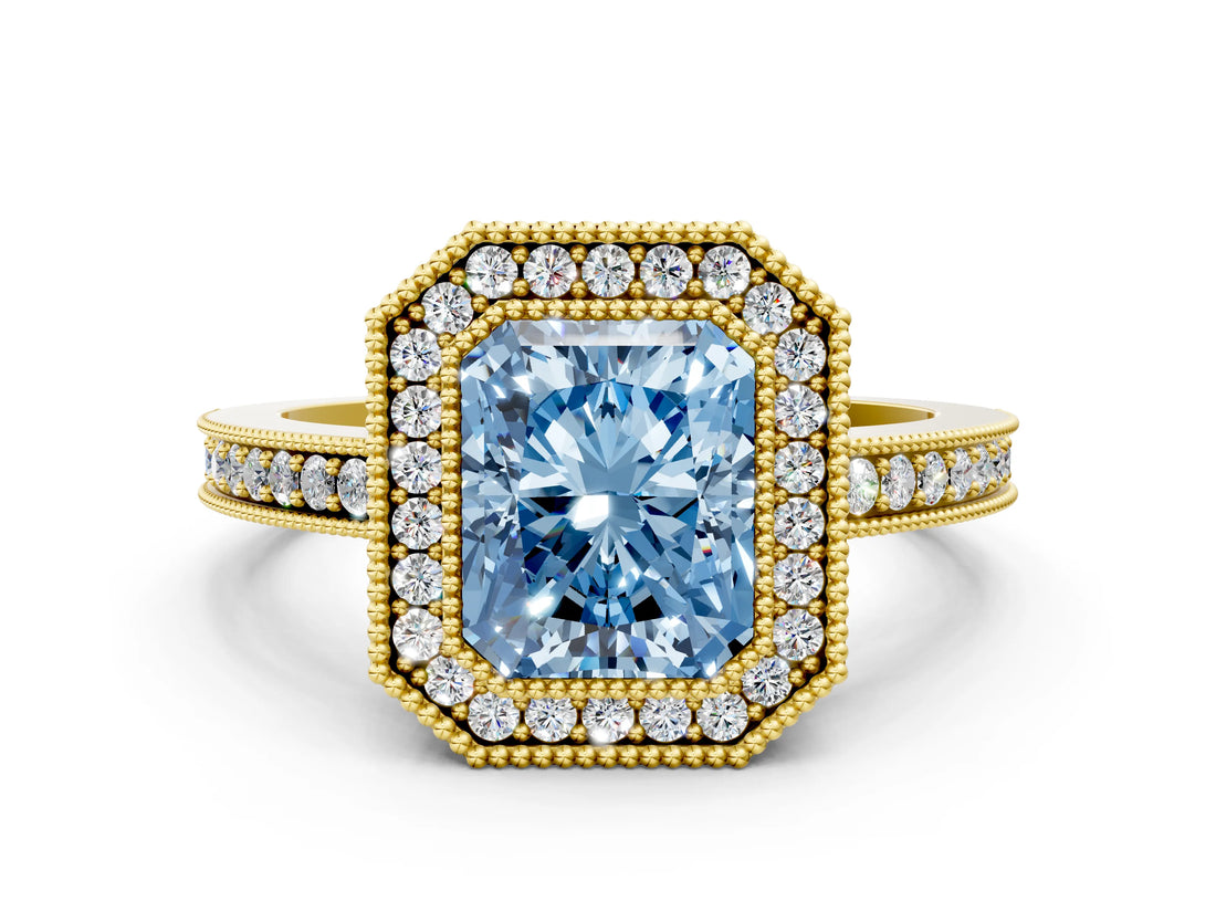 Yellow gold Fancy Blue Radiant Cut Cut Halo Pavé Diamond Ring