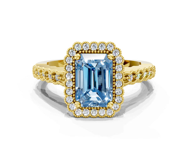 Yellow gold Fancy Blue Radiant Cut Cut Halo Pavé Solitaire Ring with Milgrain Band