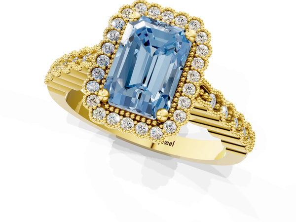 Yellow gold Fancy Blue Radiant Cut Cut Halo Pavé Solitaire Ring with Milgrain Band