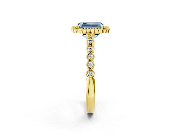 Yellow gold Fancy Blue Radiant Cut Cut Halo Pavé Solitaire Ring with Milgrain Band