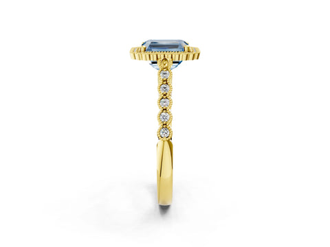Yellow gold Fancy Blue Radiant Cut Cut Halo Pavé Solitaire Ring with Milgrain Band_2