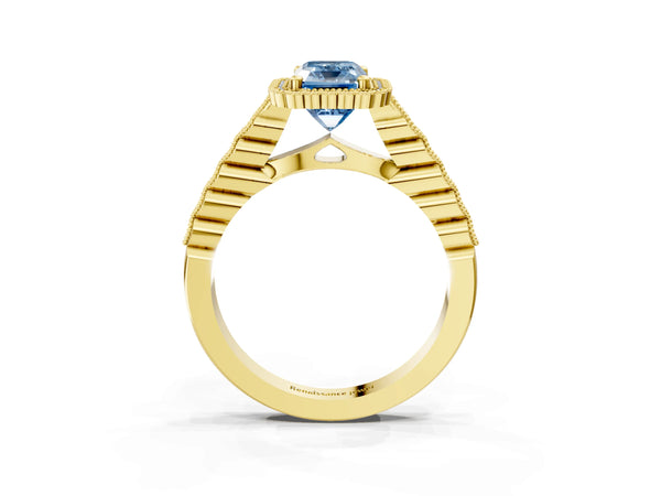 Yellow gold Fancy Blue Radiant Cut Cut Halo Pavé Solitaire Ring with Milgrain Band