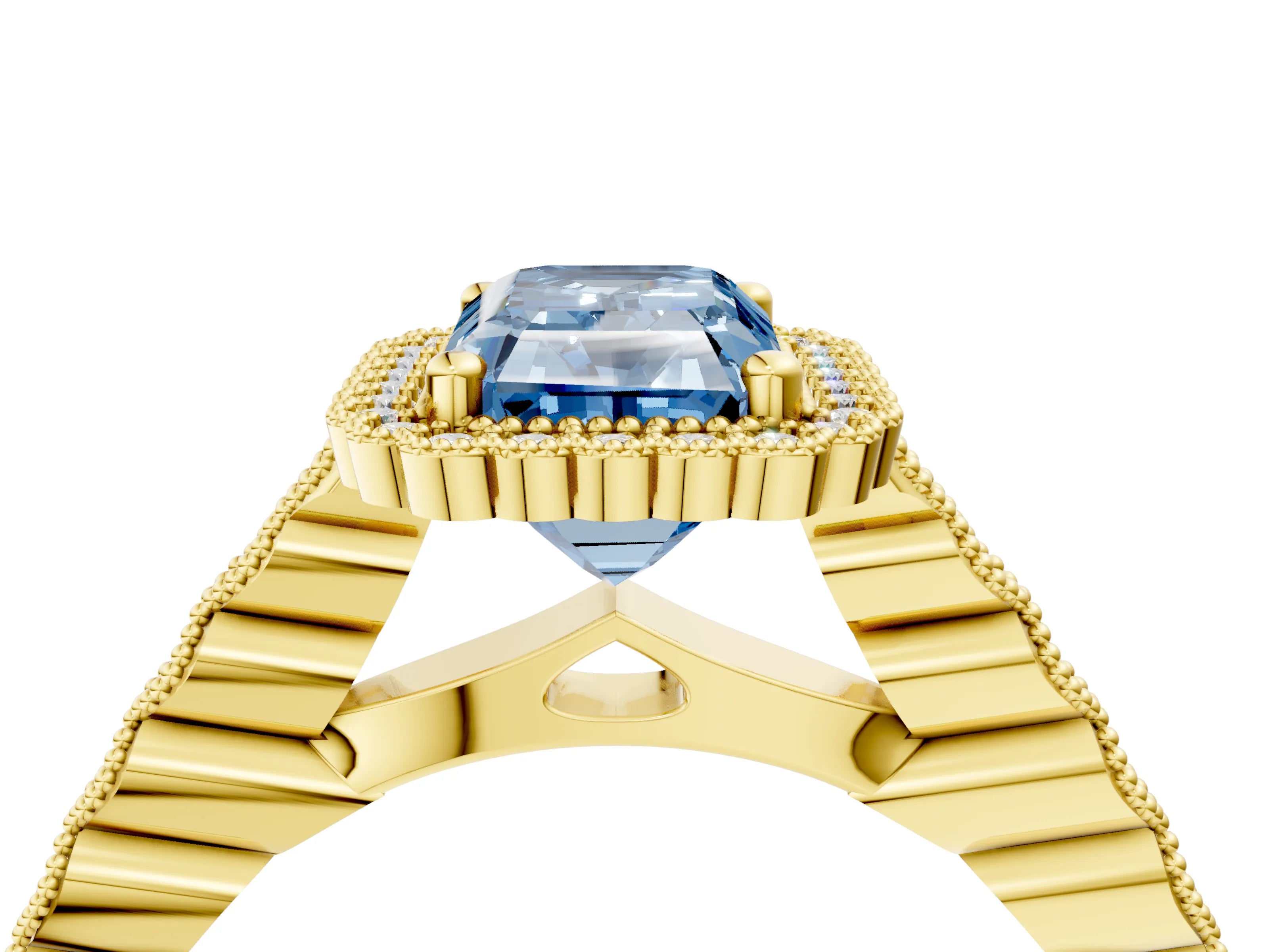 Yellow gold Fancy Blue Radiant Cut Cut Halo Pavé Solitaire Ring with Milgrain Band_4