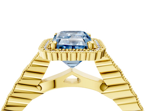 Yellow gold Fancy Blue Radiant Cut Cut Halo Pavé Solitaire Ring with Milgrain Band_4
