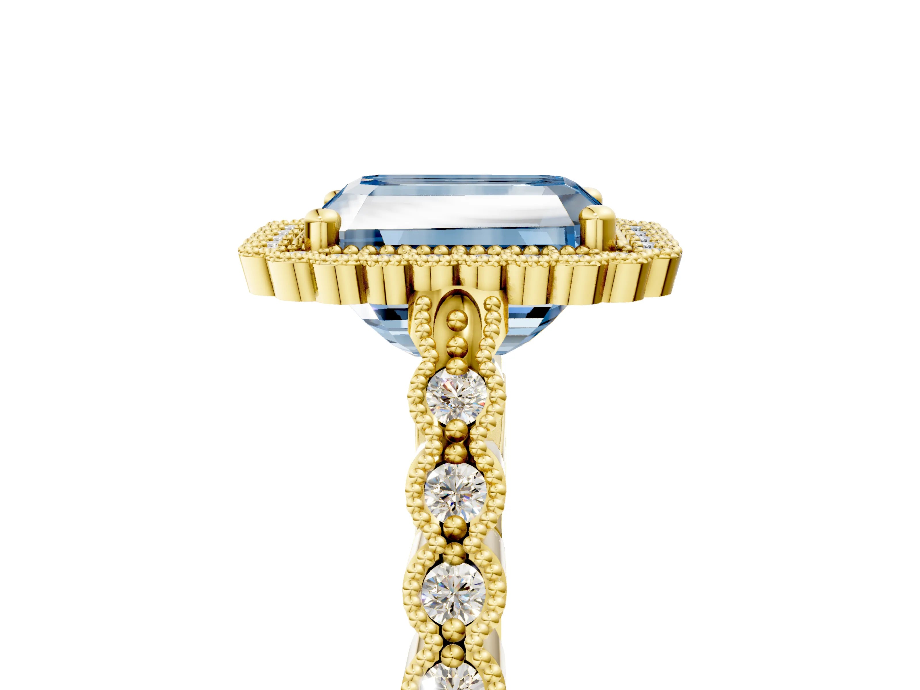 Yellow gold Fancy Blue Radiant Cut Cut Halo Pavé Solitaire Ring with Milgrain Band_5