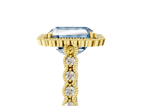 Yellow gold Fancy Blue Radiant Cut Cut Halo Pavé Solitaire Ring with Milgrain Band_5