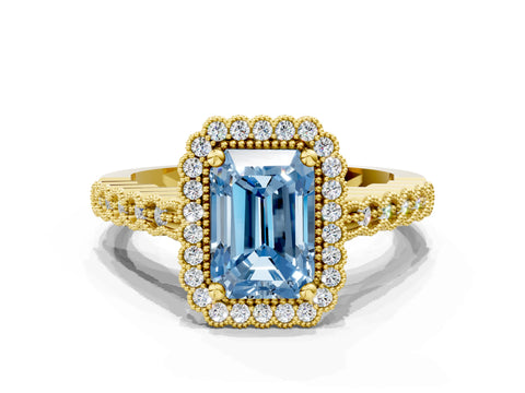 Yellow gold Fancy Blue Radiant Cut Cut Halo Pavé Solitaire Ring with Milgrain Band