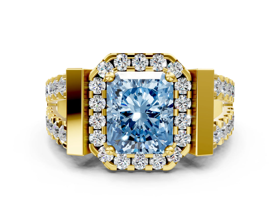 Yellow gold Fancy Blue Radiant Cut Cut Halo Split Shank Prong Set Ring