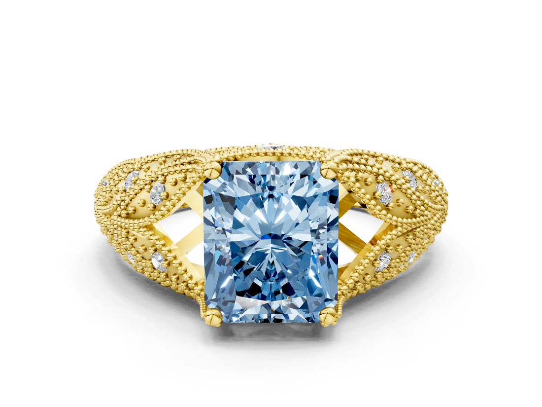Yellow gold Fancy Blue Radiant Cut Cut Milgrain Pave Diamond Engagement Ring with Four-Prong Setting_27