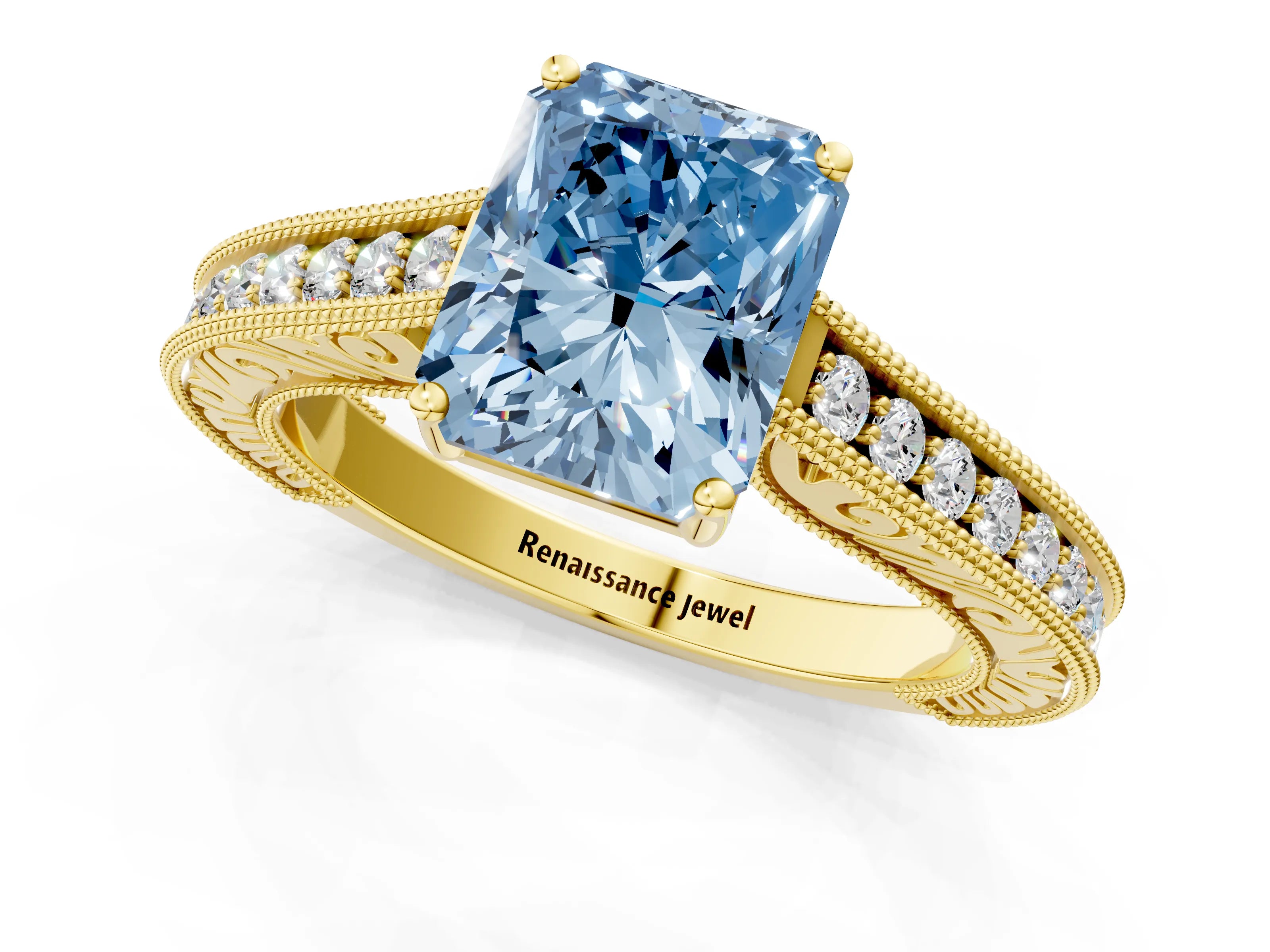 Yellow gold Fancy Blue Radiant Cut Cut Pave Band Milgrain Solitaire Ring_1