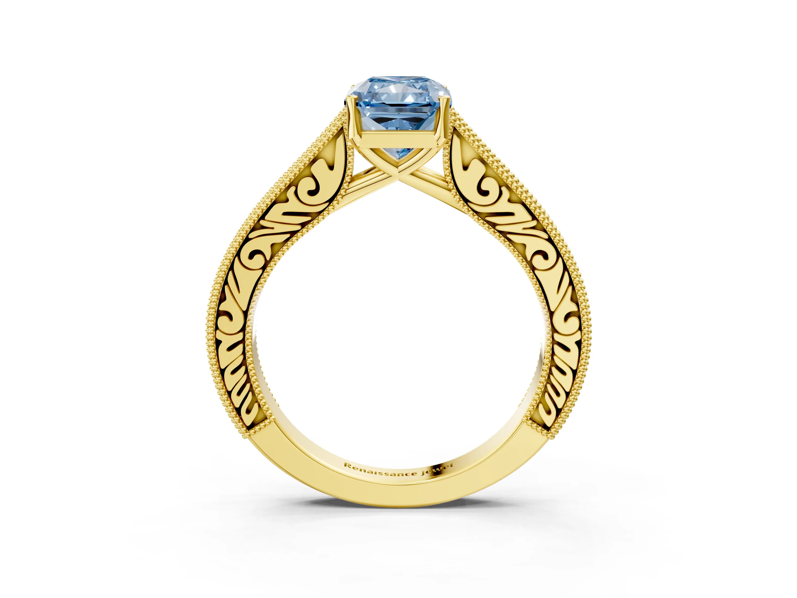 Yellow gold Fancy Blue Radiant Cut Cut Pave Band Milgrain Solitaire Ring_10