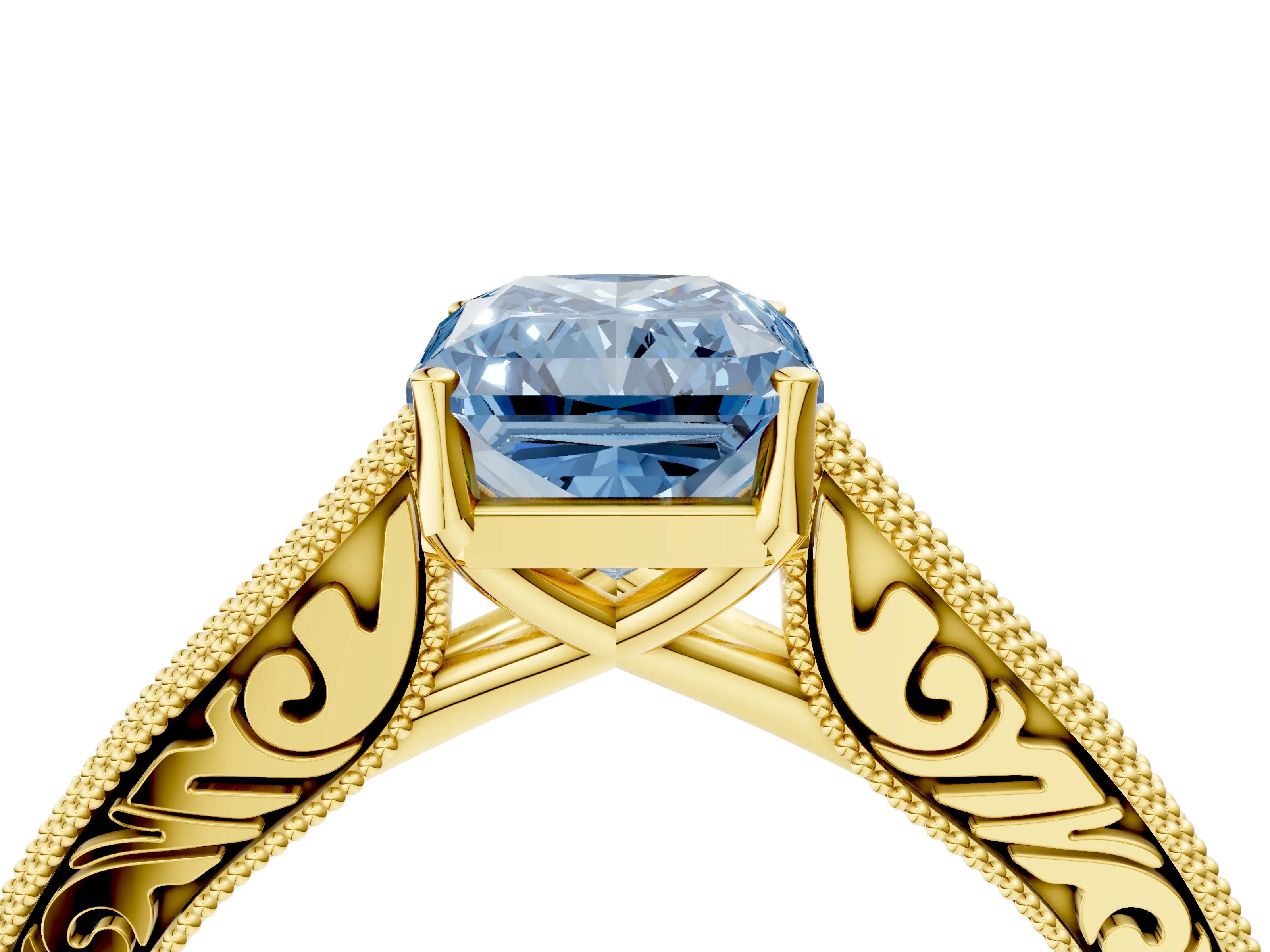 Yellow gold Fancy Blue Radiant Cut Cut Pave Band Milgrain Solitaire Ring_11