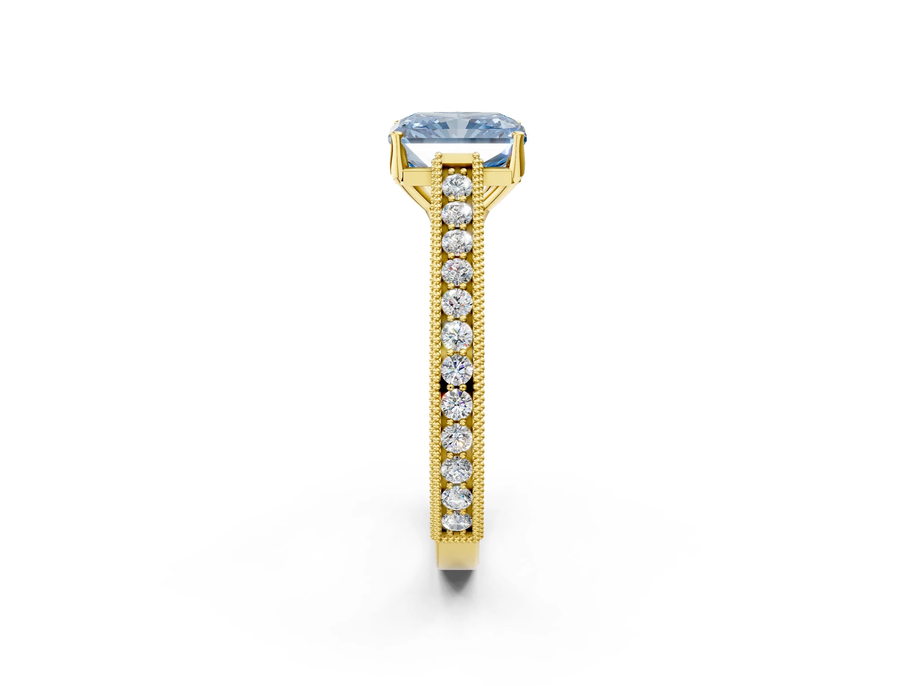Yellow gold Fancy Blue Radiant Cut Cut Pave Band Milgrain Solitaire Ring_2