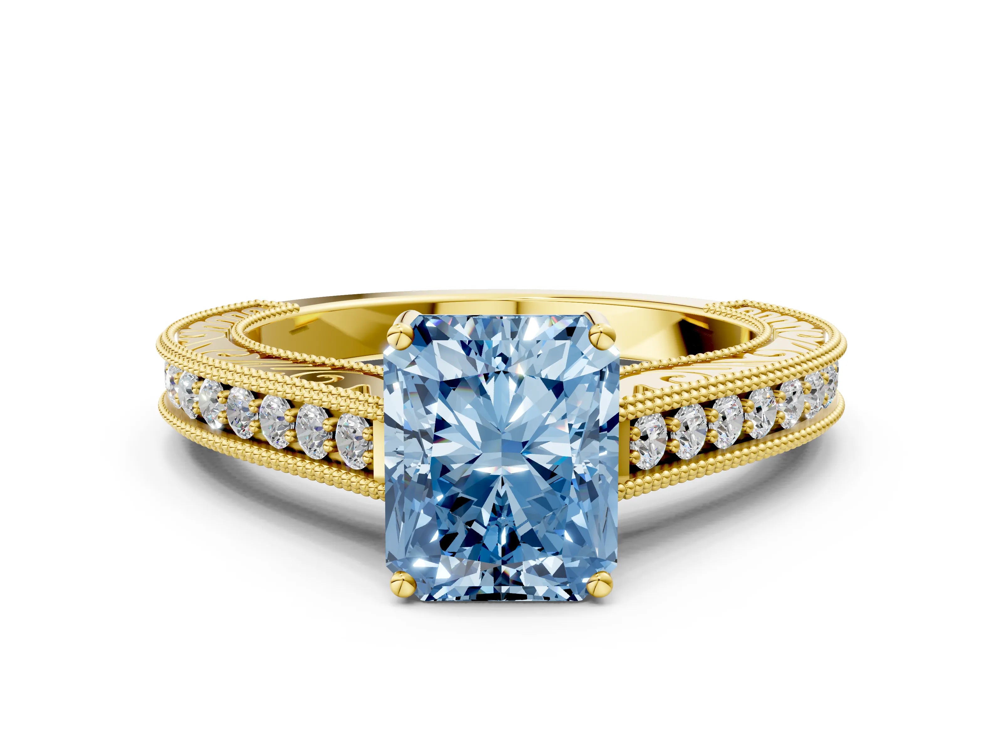 Yellow gold Fancy Blue Radiant Cut Cut Pave Band Milgrain Solitaire Ring_22