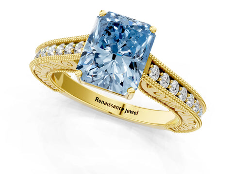 Yellow gold Fancy Blue Radiant Cut Cut Pave Band Milgrain Solitaire Ring_23